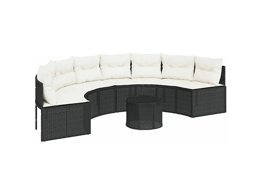 Canapé de jardin table coussins demi-rond noir résine tressée