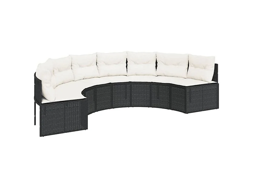 Canapé de jardin table coussins demi-rond noir résine tressée