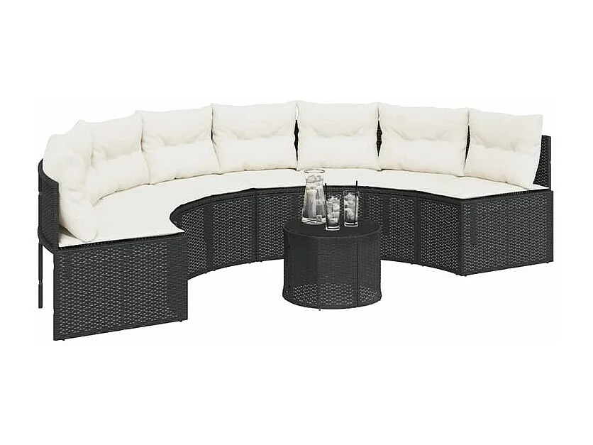 Canapé de jardin table coussins demi-rond noir résine tressée