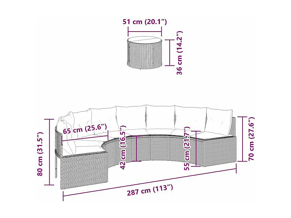 Canapé de jardin table coussins demi-rond noir résine tressée