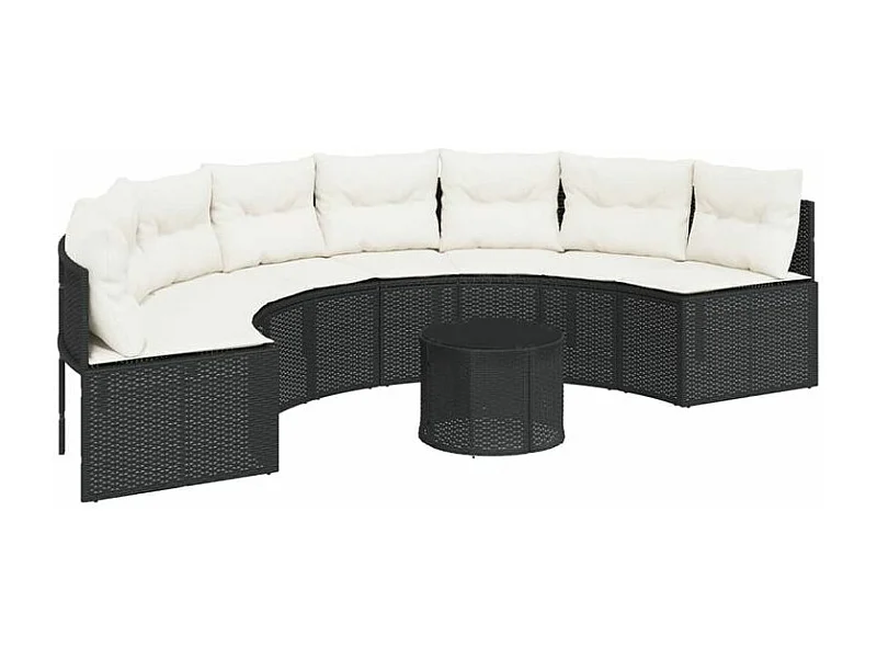 Canapé de jardin table coussins demi-rond noir résine tressée