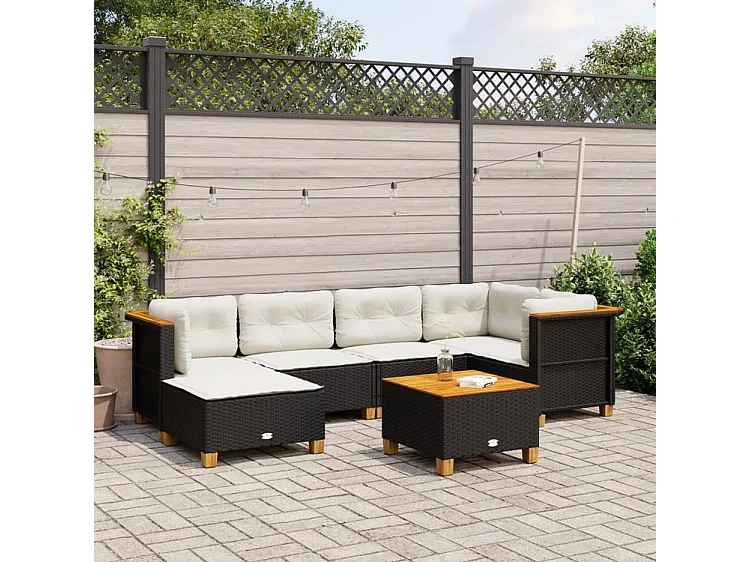 Salon de jardin 7 pcs avec coussins noir résine tressée