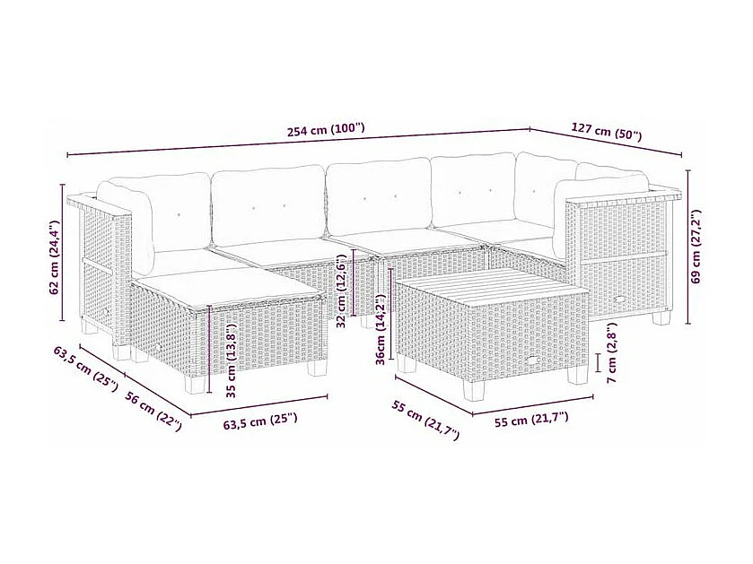 Salon de jardin 7 pcs avec coussins noir résine tressée