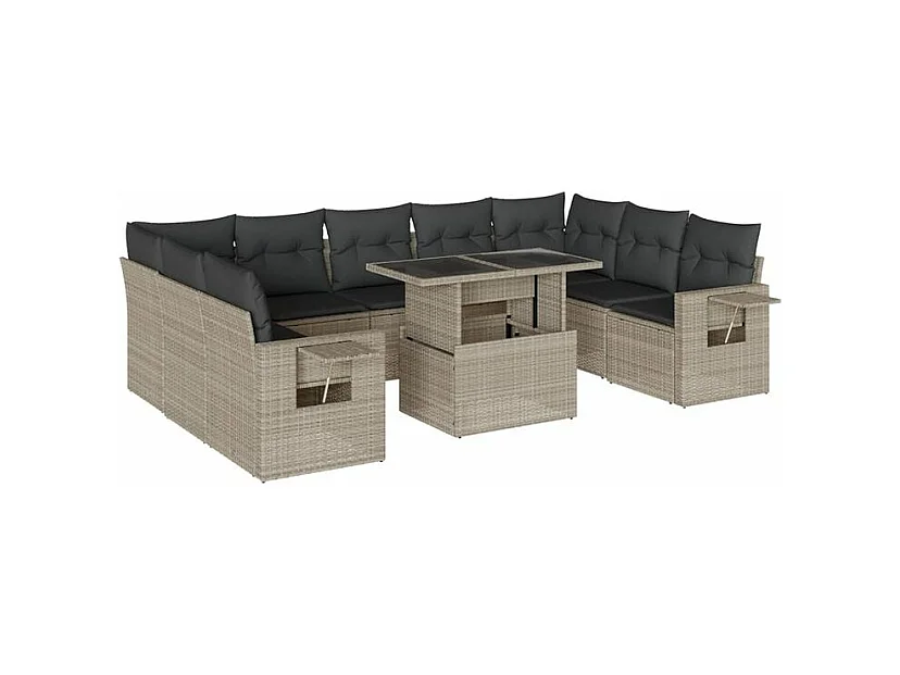 Salon de jardin avec coussins 10 pcs gris clair résine tressée