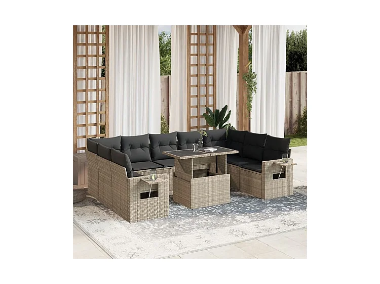 Salon de jardin avec coussins 10 pcs gris clair résine tressée