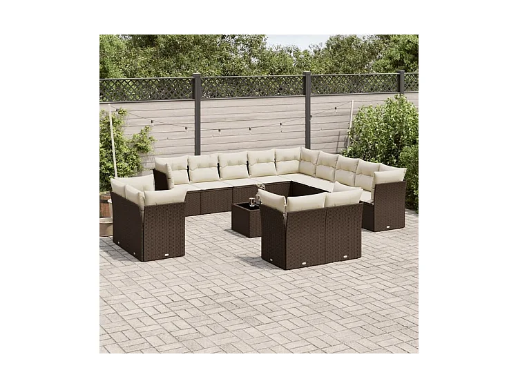 Salon de jardin avec coussins 14 pcs marron résine tressée