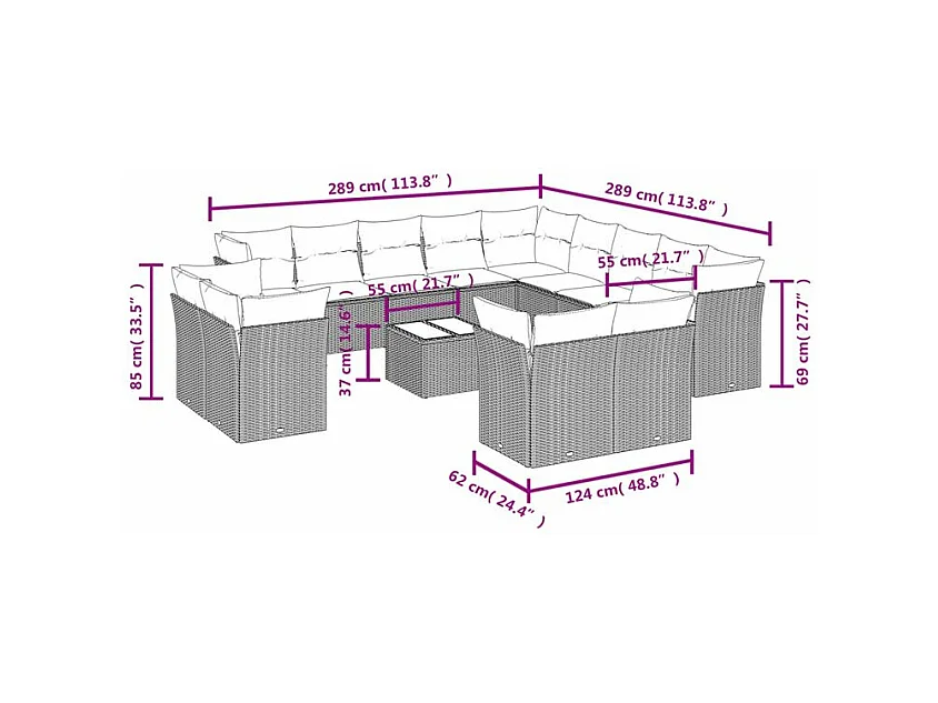 Salon de jardin avec coussins 14 pcs marron résine tressée