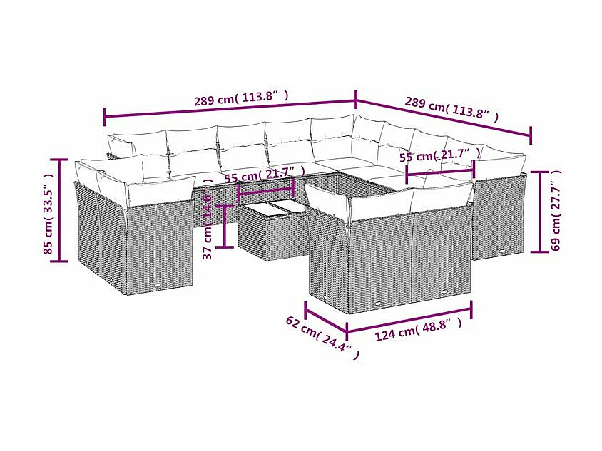 Salon de jardin avec coussins 14 pcs marron résine tressée