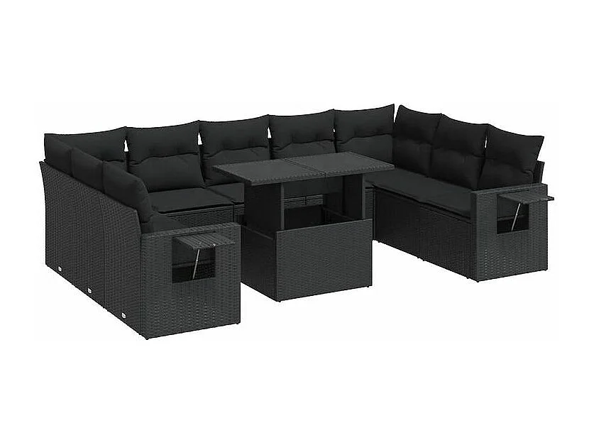 Salon de jardin 10 pcs avec coussins noir résine tressée