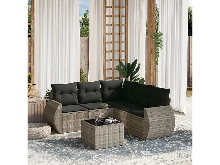 Salon de jardin 6 pcs avec coussins gris clair résine tressée