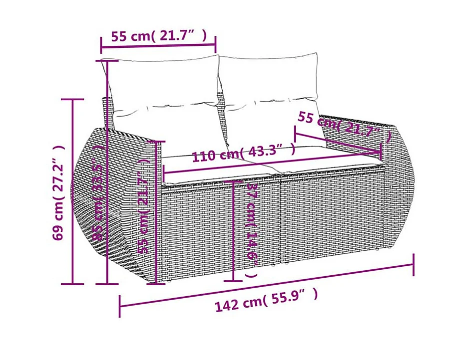 Salon de jardin 6 pcs avec coussins gris clair résine tressée