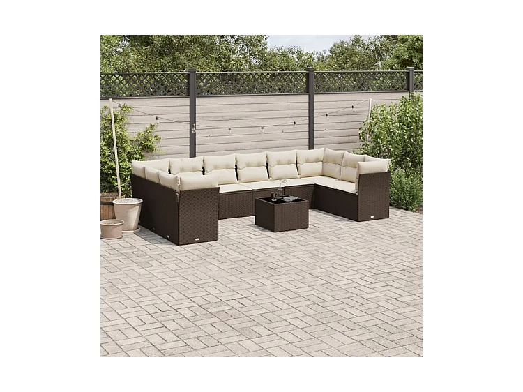 Salon de jardin et coussins 11 pcs marron résine tressée