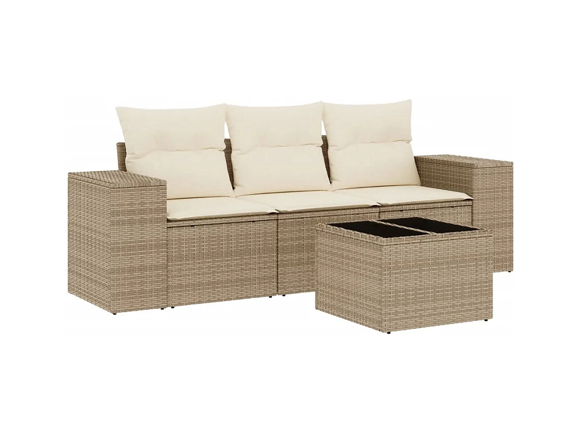 Salon de jardin avec coussins 4 pcs beige résine tressée