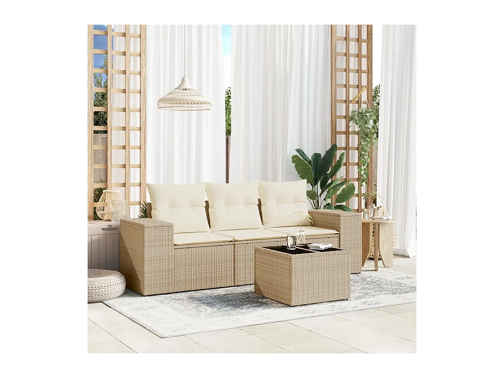 Salon de jardin avec coussins 4 pcs beige résine tressée