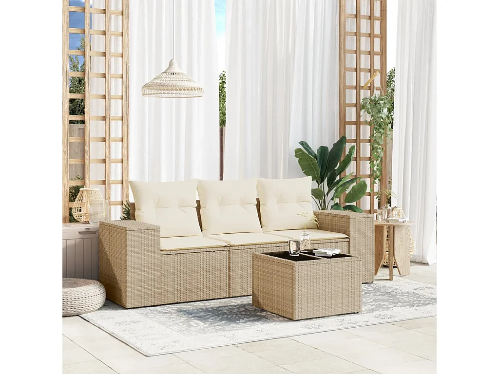 Salon de jardin avec coussins 4 pcs beige résine tressée