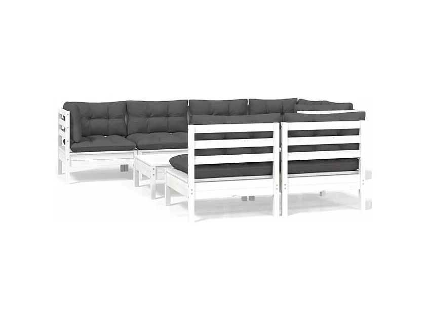 Salon de jardin 8 pcs avec coussins blanc bois de pin massif
