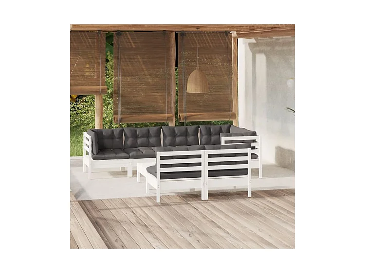 Salon de jardin 8 pcs avec coussins blanc bois de pin massif