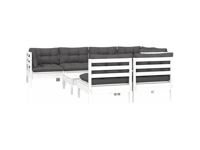 Salon de jardin 8 pcs avec coussins blanc bois de pin massif