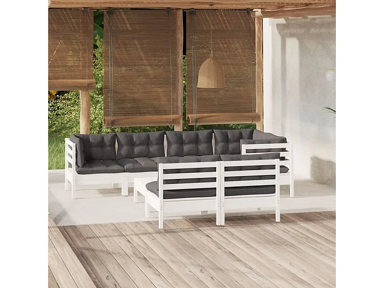 Salon de jardin 8 pcs avec coussins blanc bois de pin massif