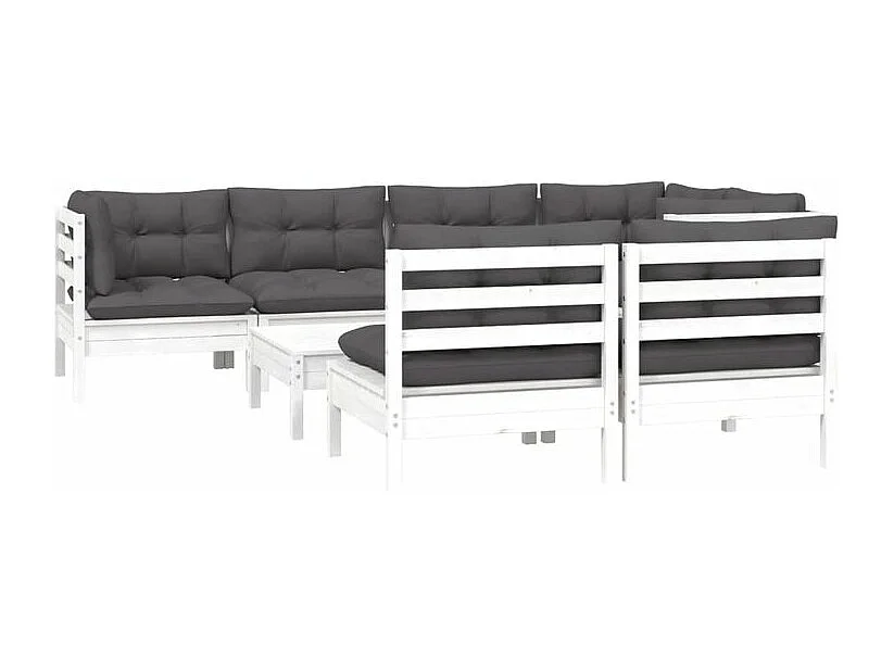 Salon de jardin 8 pcs avec coussins blanc bois de pin massif