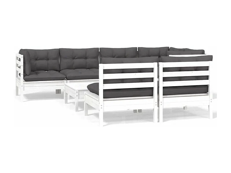 Salon de jardin 8 pcs avec coussins blanc bois de pin massif
