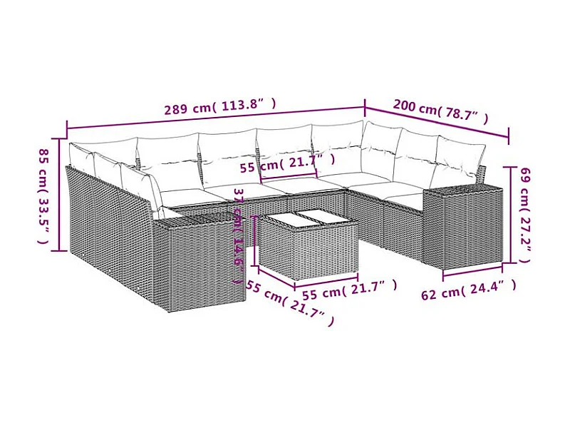 Salon de jardin 10 pcs avec coussins marron résine tressée