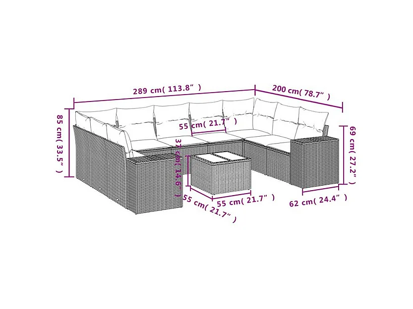 Salon de jardin 10 pcs avec coussins marron résine tressée