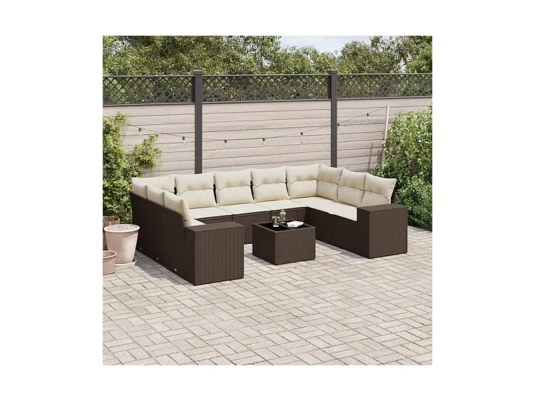 Salon de jardin 10 pcs avec coussins marron résine tressée