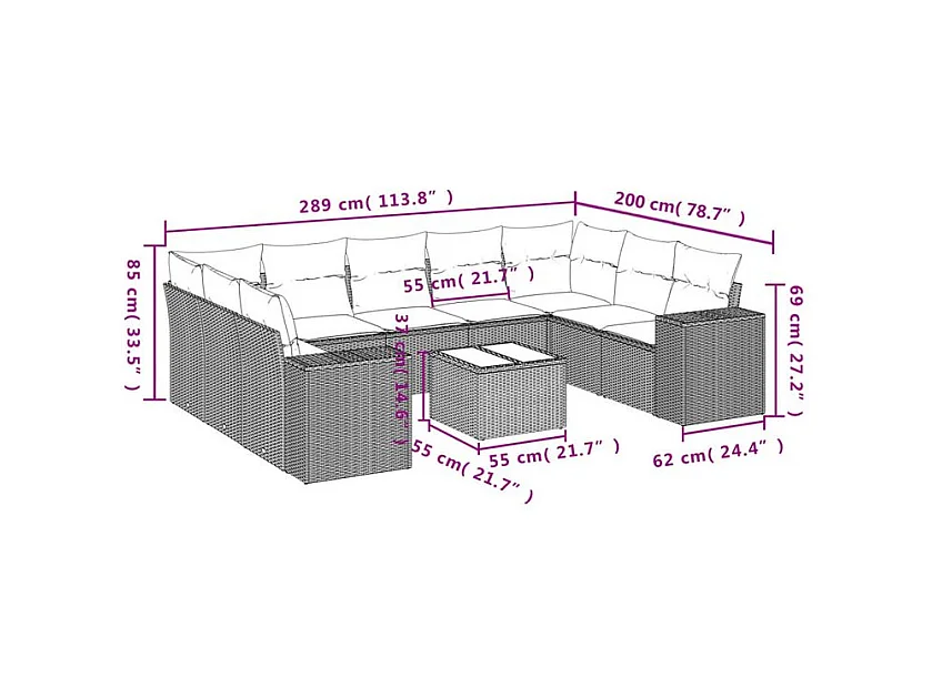 Salon de jardin 10 pcs avec coussins marron résine tressée