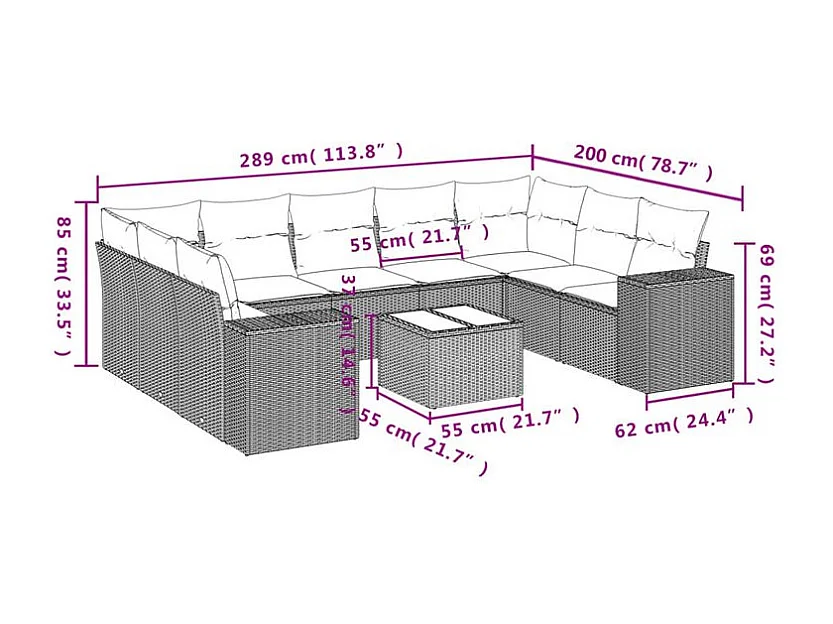 Salon de jardin 10 pcs avec coussins marron résine tressée