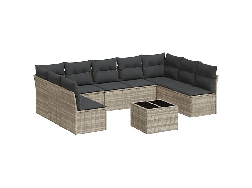 Salon de jardin avec coussins 10 pcs gris clair résine tressée