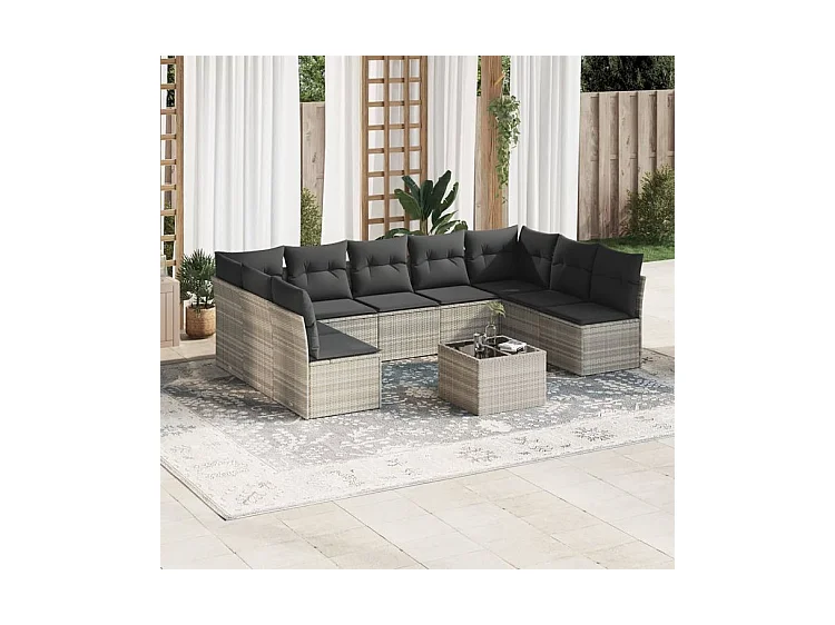 Salon de jardin avec coussins 10 pcs gris clair résine tressée