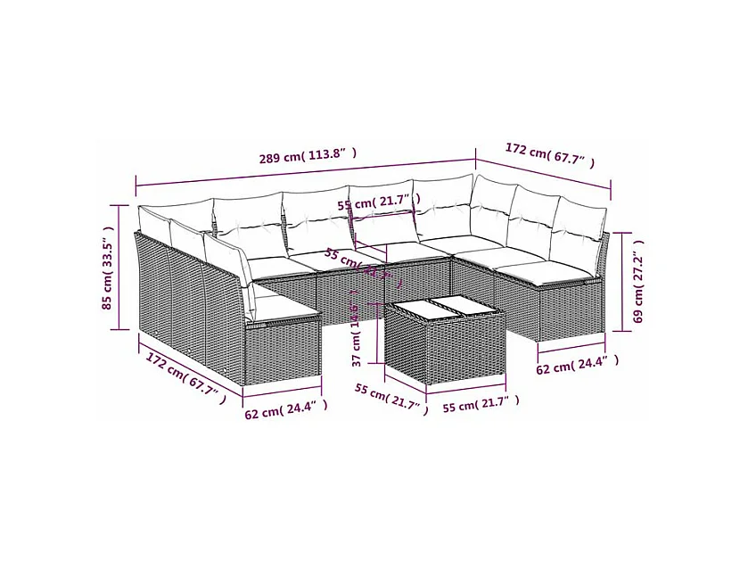 Salon de jardin avec coussins 10 pcs gris clair résine tressée