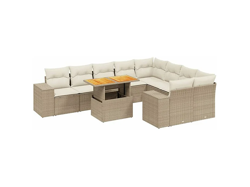 Salon de jardin avec coussins 10 pcs beige résine tressée