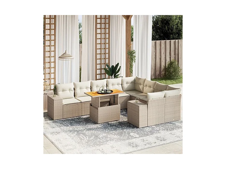 Salon de jardin avec coussins 10 pcs beige résine tressée