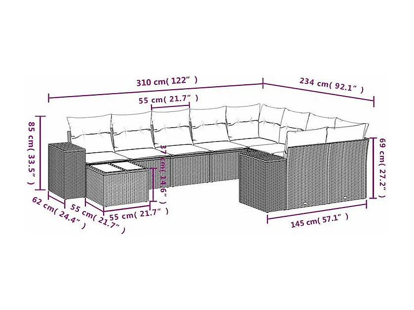 Salon de jardin avec coussins 10 pcs gris clair résine tressée