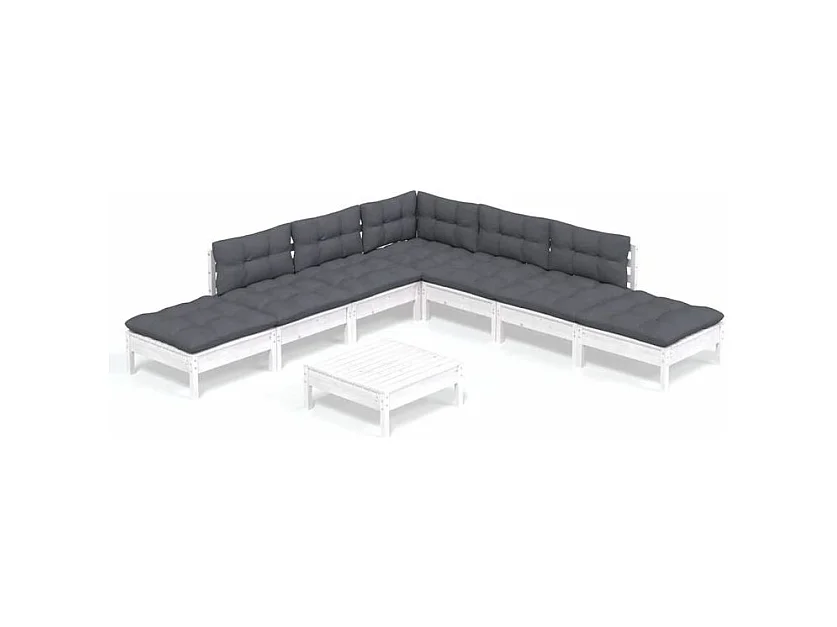 Salon de jardin 8 pcs avec coussins blanc bois de pin