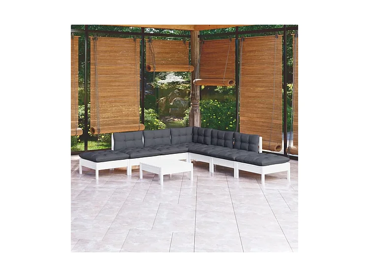 Salon de jardin 8 pcs avec coussins blanc bois de pin