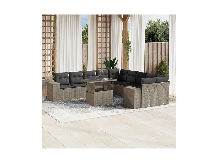 Salon de jardin 11 pcs avec coussins gris clair résine tressée