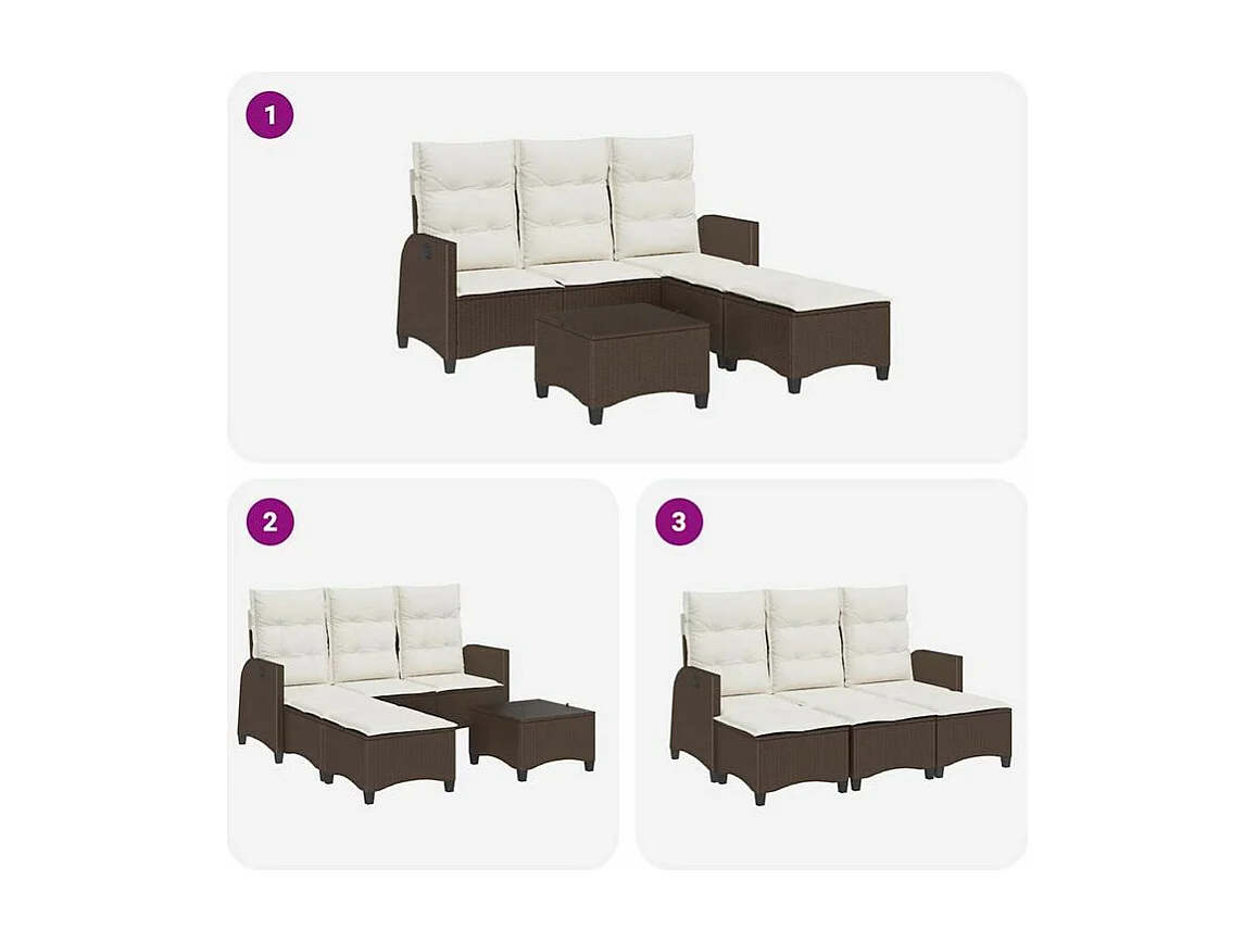 Salon de jardin 3 pcs avec coussins forme L marron polyrotin