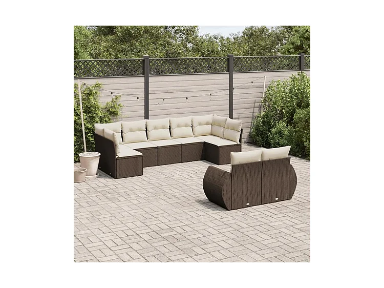 Salon de jardin avec coussins 9 pcs marron résine tressée