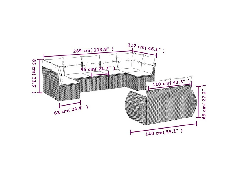 Salon de jardin avec coussins 9 pcs marron résine tressée