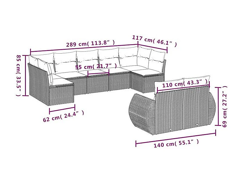 Salon de jardin avec coussins 9 pcs marron résine tressée