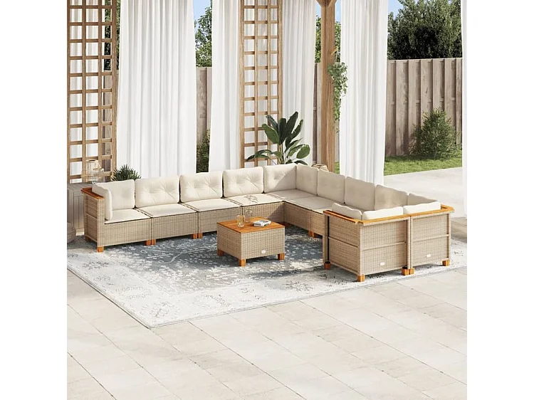 Salon de jardin 11 pcs avec coussins beige résine tressée