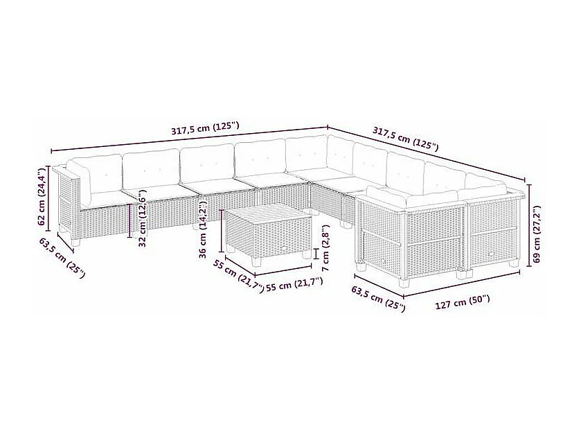 Salon de jardin 11 pcs avec coussins beige résine tressée