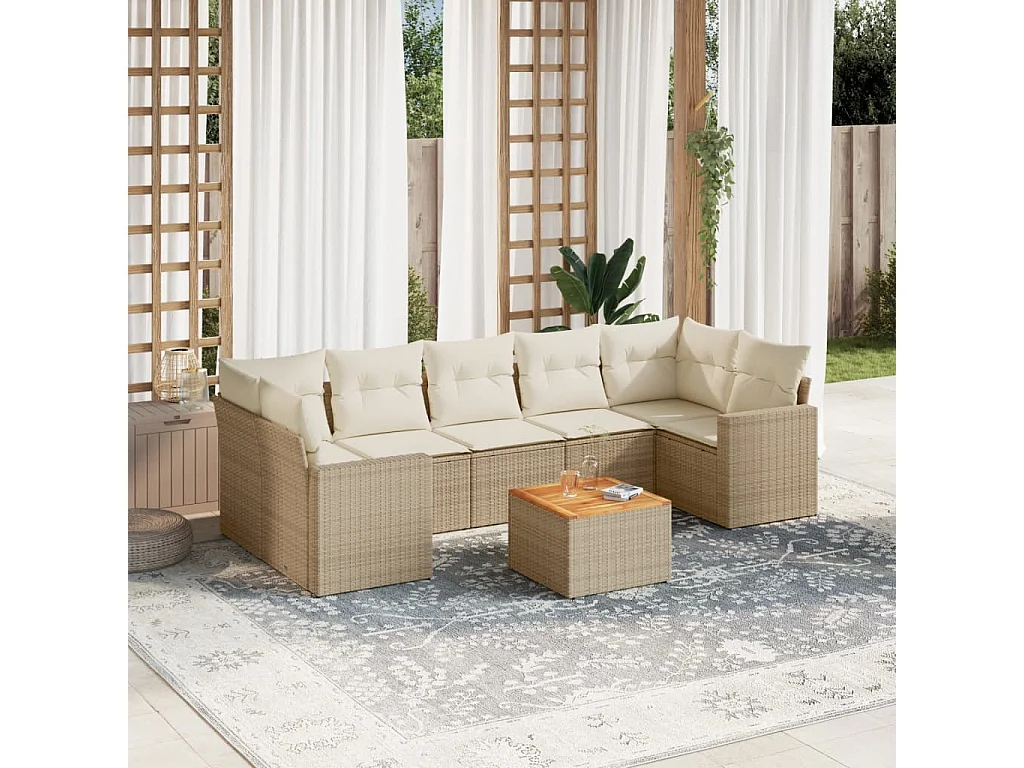 Salon de jardin avec coussins 8 pcs beige résine tressée