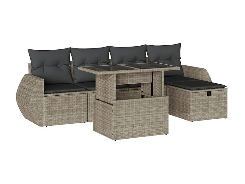 Salon de jardin 6 pcs avec coussins gris clair résine tressée