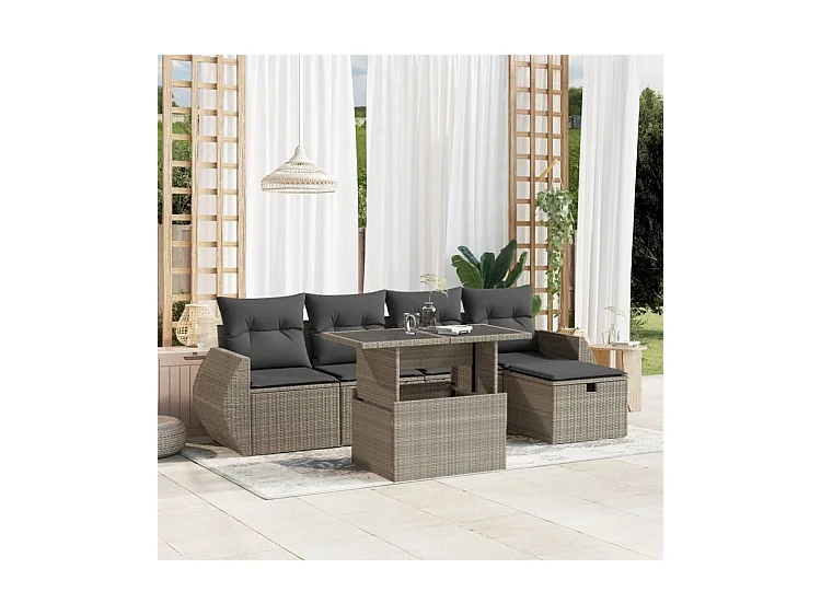 Salon de jardin 6 pcs avec coussins gris clair résine tressée