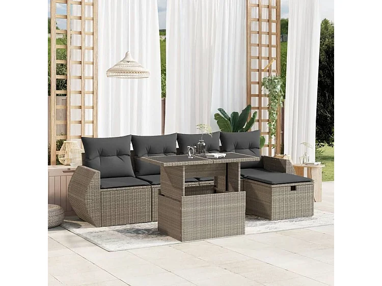 Salon de jardin 6 pcs avec coussins gris clair résine tressée