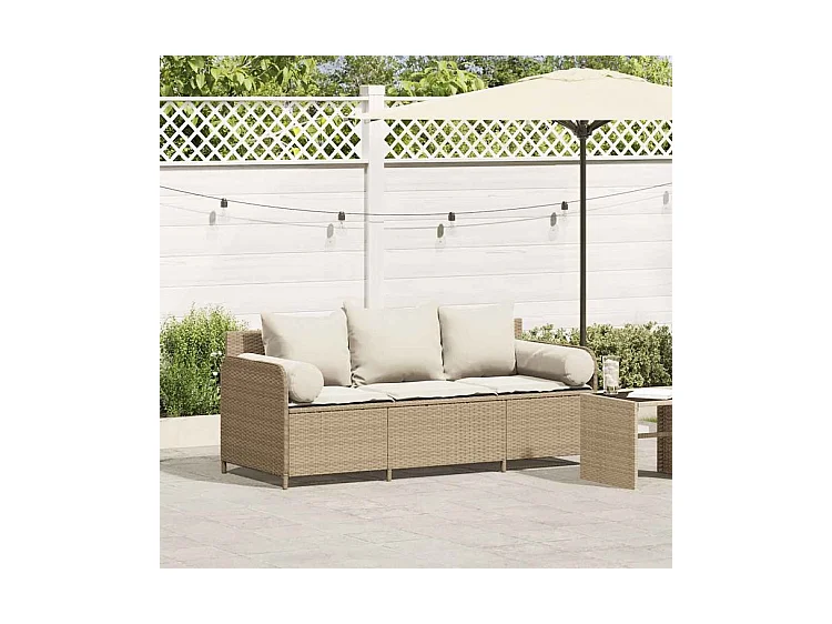 Canapé de jardin avec coussins 3 places beige résine tressée